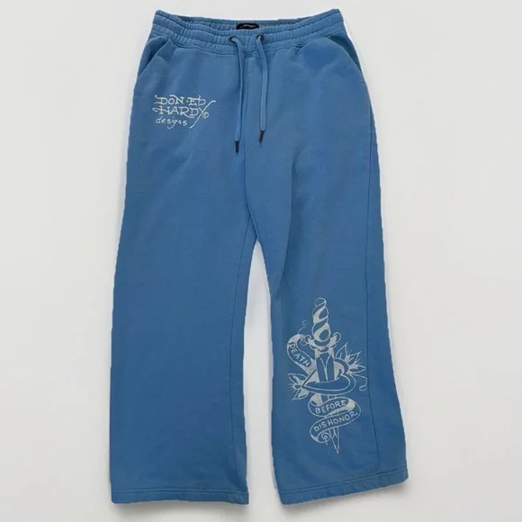 Ed Hardy Flower Skulls Powder Blue Women’s Sweatpants Medium Graphic Print Y2K - Picture 6 of 13